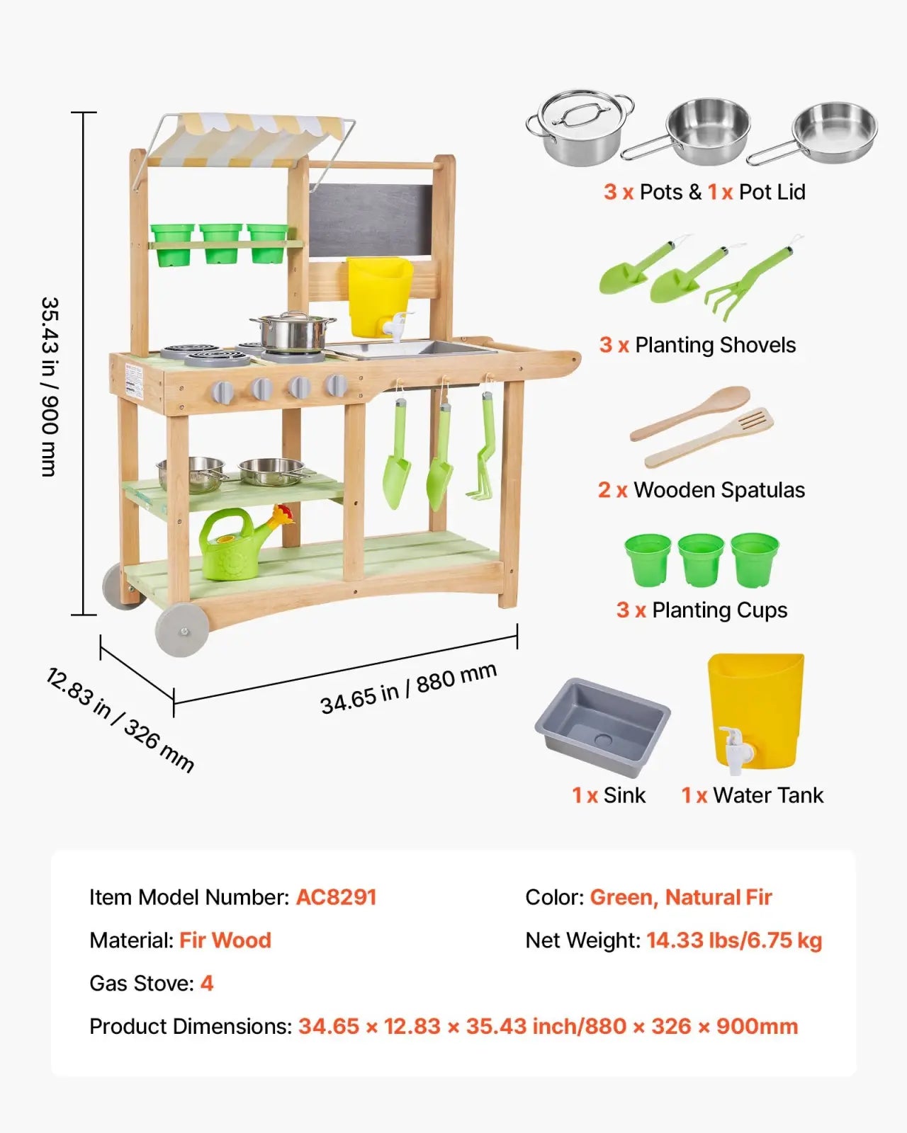 Wooden outdoor mud kitchen for kids with canopy and wheels featuring green fir accents and stainless steel pots