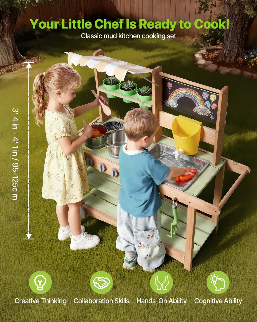 Outdoor mud kitchen for kids with wooden frame, striped canopy, chalkboard panel, stainless steel sink, and green shelves