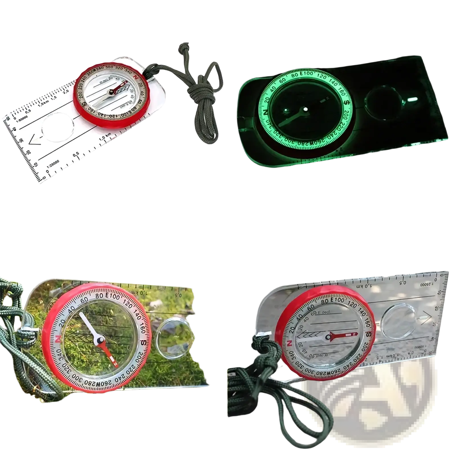 Outdoor navigation compass in red and clear plastic with attached ruler and black lanyard for outdoor use