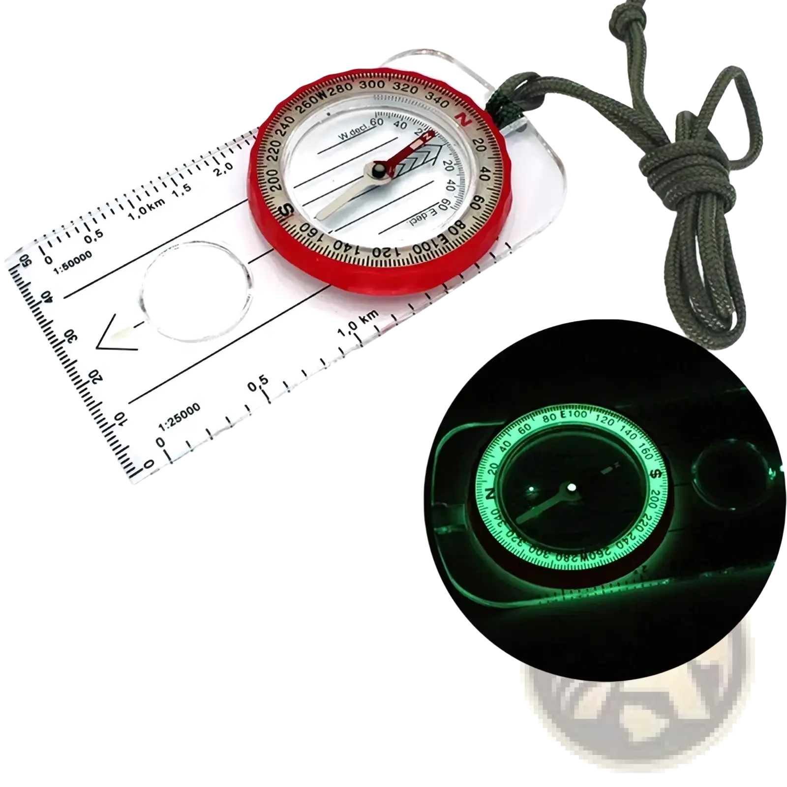 Outdoor navigation compass with red and clear plastic body glow-in-the-dark face map scale and attached lanyard