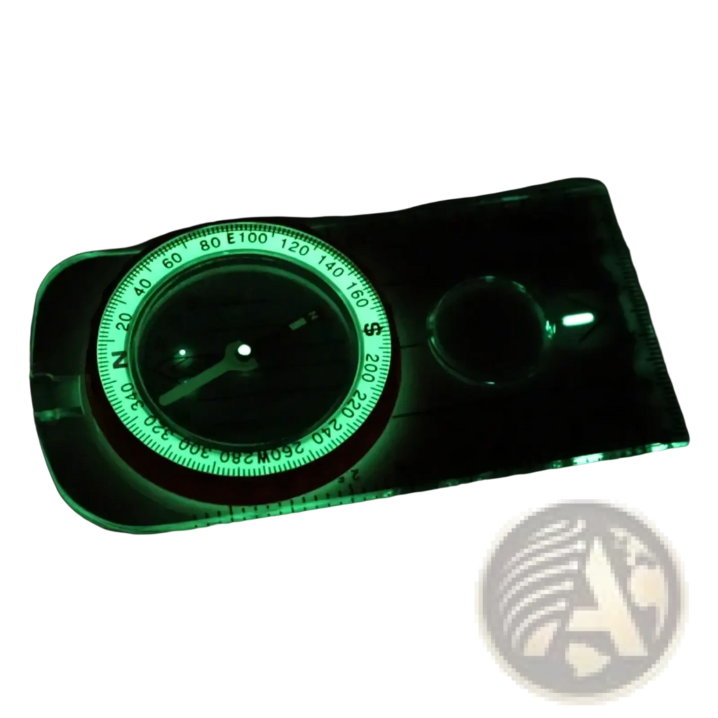 Outdoor navigation compass with glow-in-the-dark green-lit dial, translucent casing, map scale, and lanyard for navigation