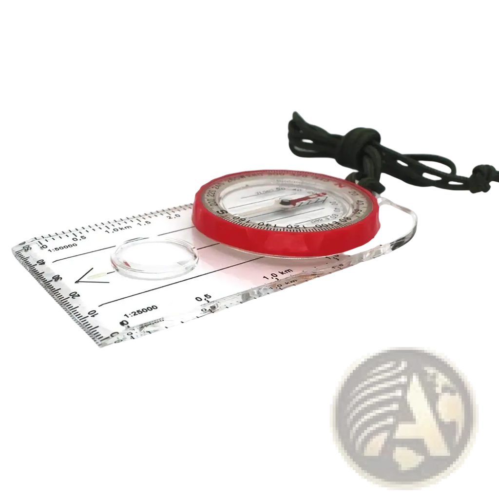 Outdoor navigation compass made of transparent plastic with red bezel and black lanyard for precise map reading