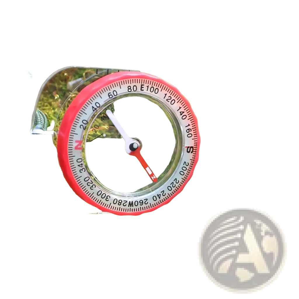 Outdoor navigation compass with transparent plastic body, vibrant red bezel, clear ruler, and black directional markings