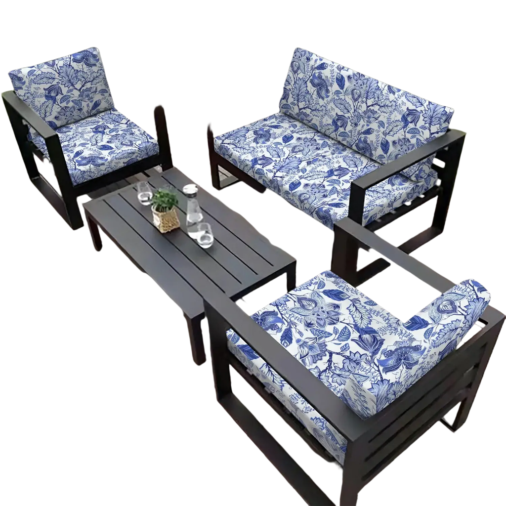 Set of three black outdoor patio sofa cushions with blue and white floral patterned washable covers