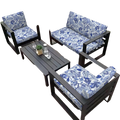 Set of three black outdoor patio sofa cushions with blue and white floral patterned washable covers