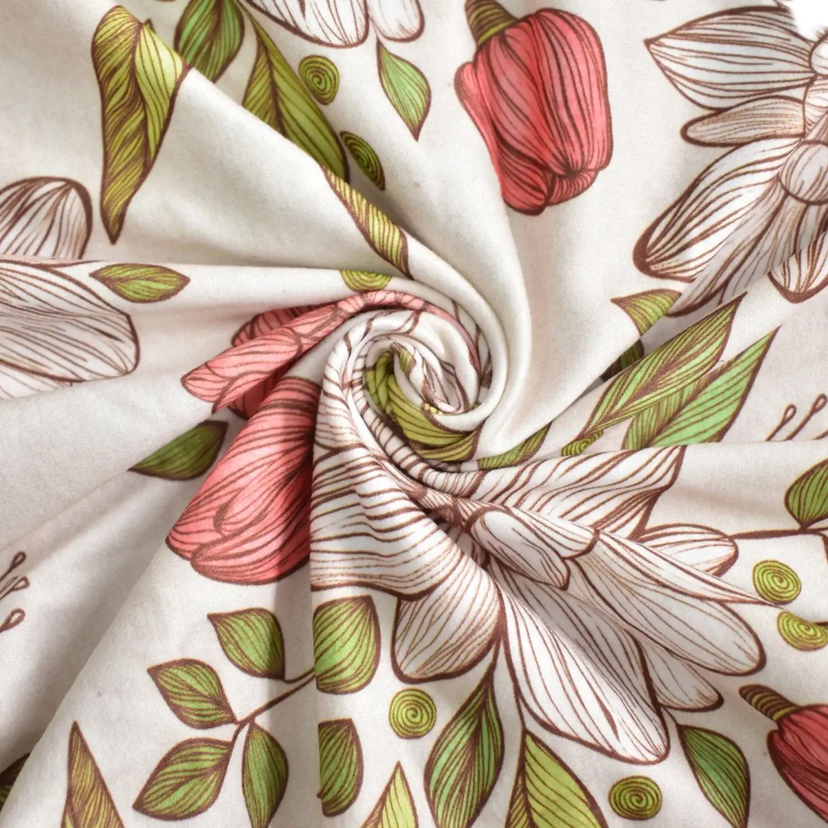 Off-white outdoor patio sofa cushion cover with delicate pink floral pattern and washable stretch fabric