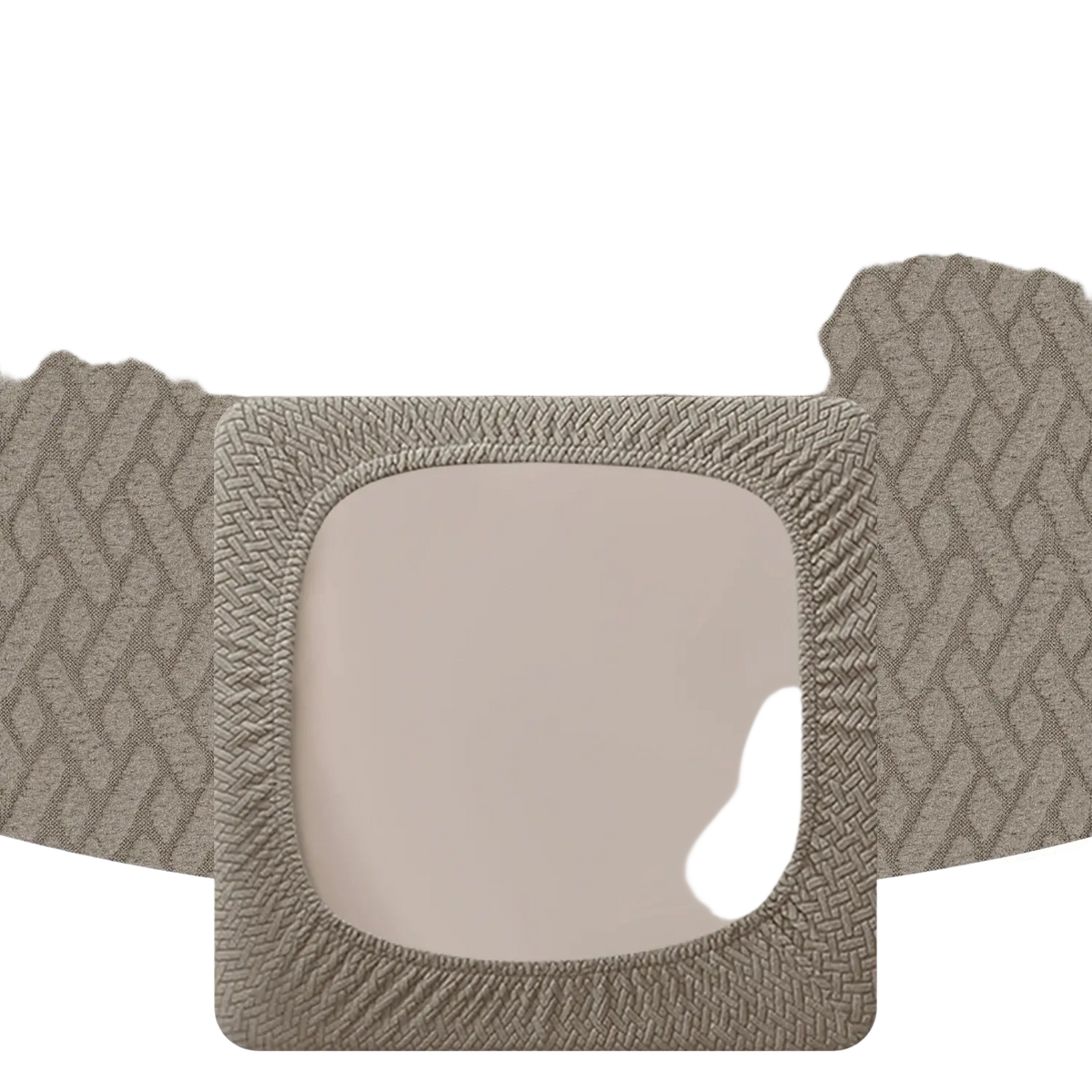 Beige elastic band bed skirt with woven texture and square cutout for outdoor patio sofa cushion cover gray herringbone