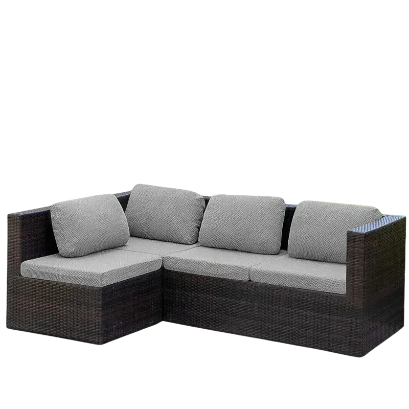 Dark brown woven wicker l-shaped outdoor sectional sofa with gray herringbone textured cushions for patio use