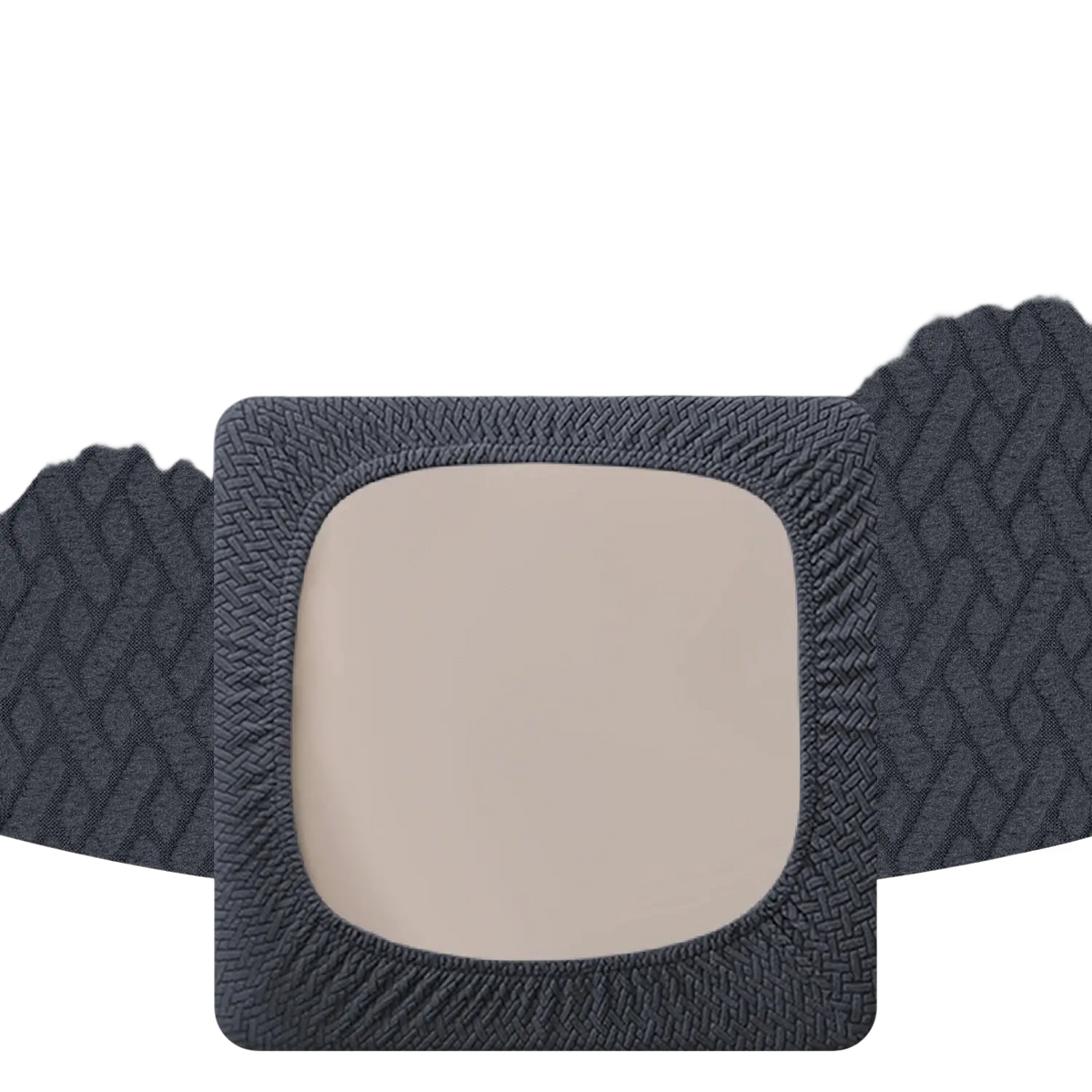 Dark gray elastic band with textured woven pattern and square cutout on outdoor patio sofa cushion cover gray herringbone