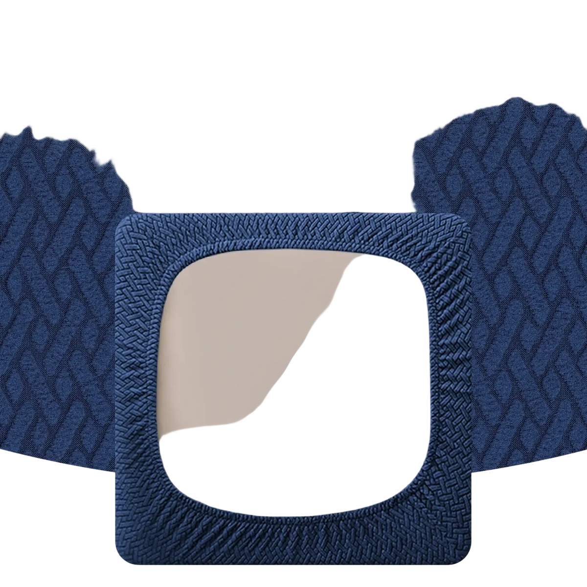 Deep blue elastic band with textured woven pattern and square cutout for outdoor patio sofa cushion cover gray herringbone