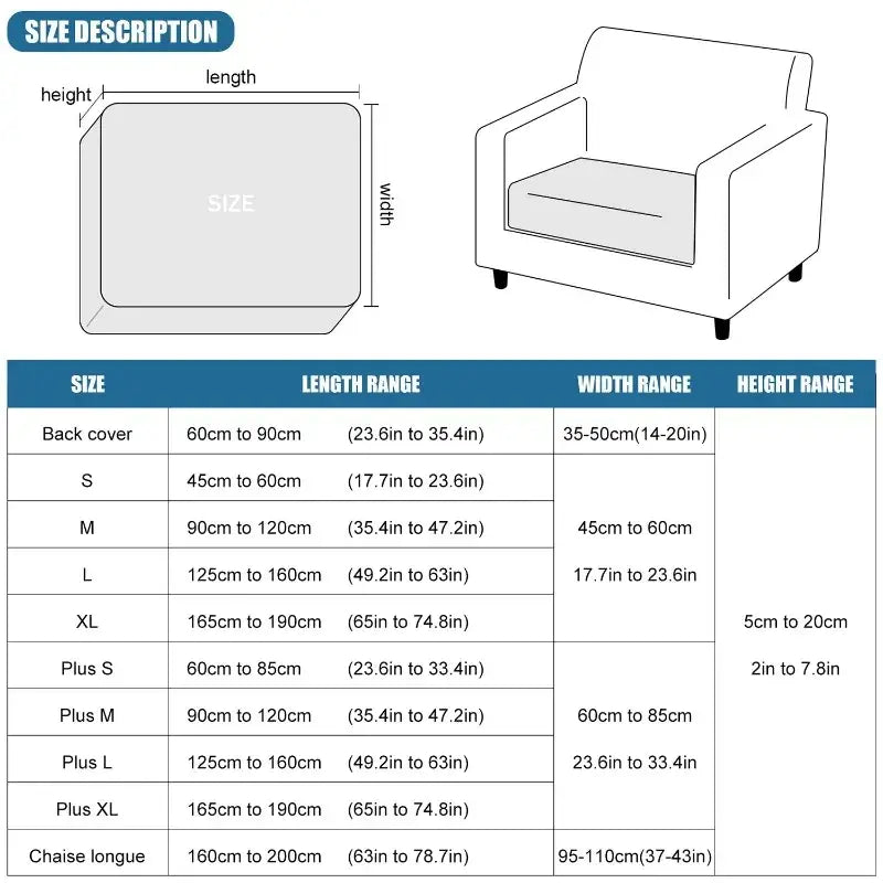 Size chart for outdoor patio sofa cushion cover gray herringbone showing armchair cover dimensions in cm and inches