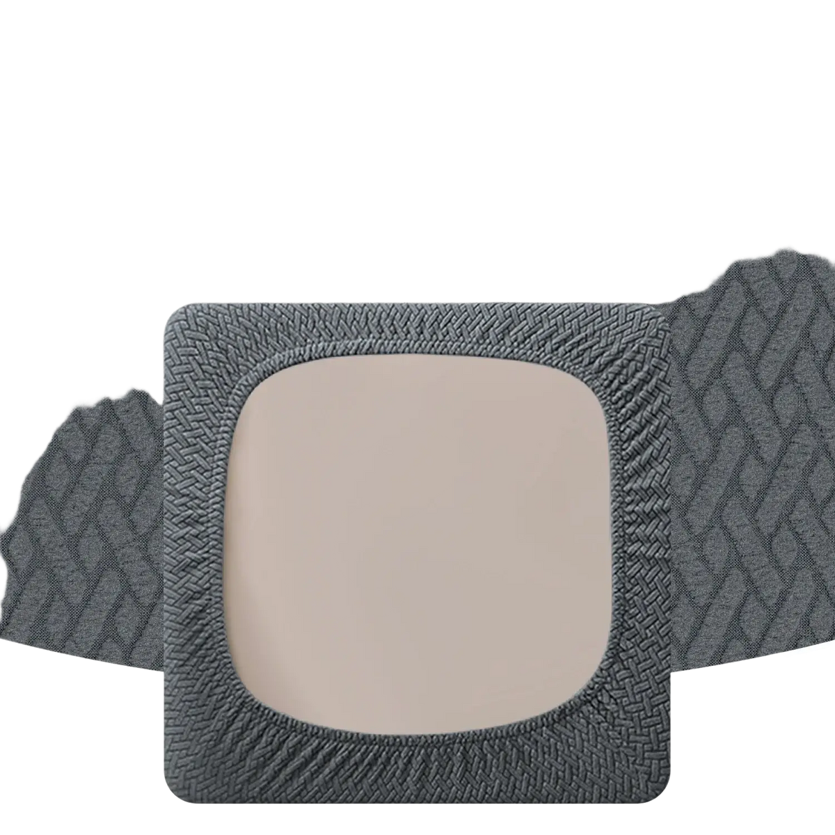 Gray elastic band with textured woven pattern and rounded corners for outdoor patio sofa cushion cover gray herringbone