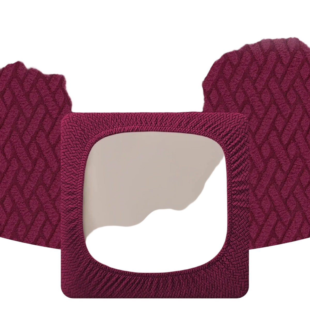 Maroon elastic band chair cover with textured woven fabric design paired with outdoor patio sofa cushion cover gray herringbone