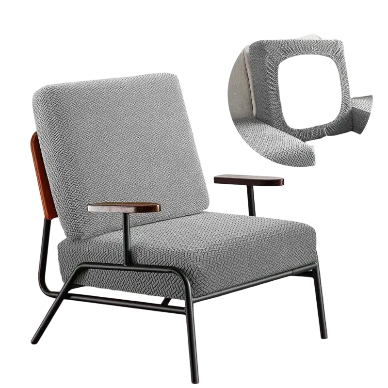 Gray herringbone-patterned elastic chair cover designed for outdoor patio sofa cushions providing durable protection