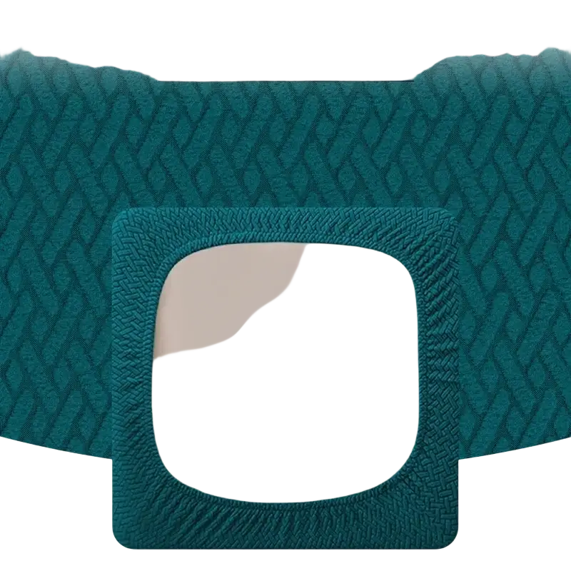 Teal elastic band with textured woven pattern and square cutout for outdoor patio sofa cushion cover gray herringbone