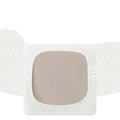White elastic band with textured woven pattern and beige insert on the back of gray herringbone outdoor patio sofa cushion cover