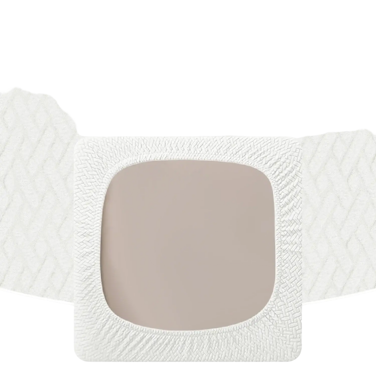 White elastic band with textured woven pattern and beige insert on the back of gray herringbone outdoor patio sofa cushion cover