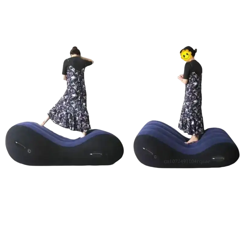 Inflatable black and navy blue outdoor portable inflatable sofa bed with a curved ergonomic design for comfort