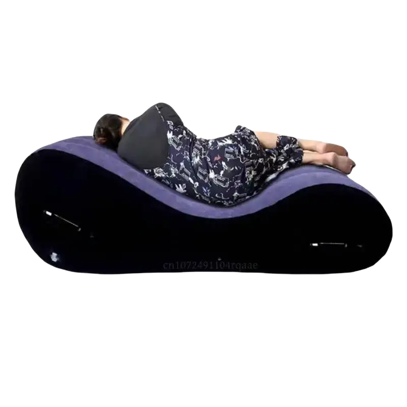 Purple and black outdoor portable inflatable sofa bed with curved ergonomic design for comfortable lounging