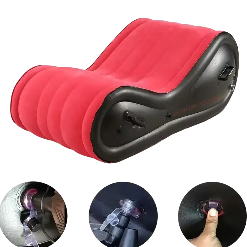 Red and black inflatable sofa bed with ribbed texture designed as an outdoor portable inflatable lounge chair