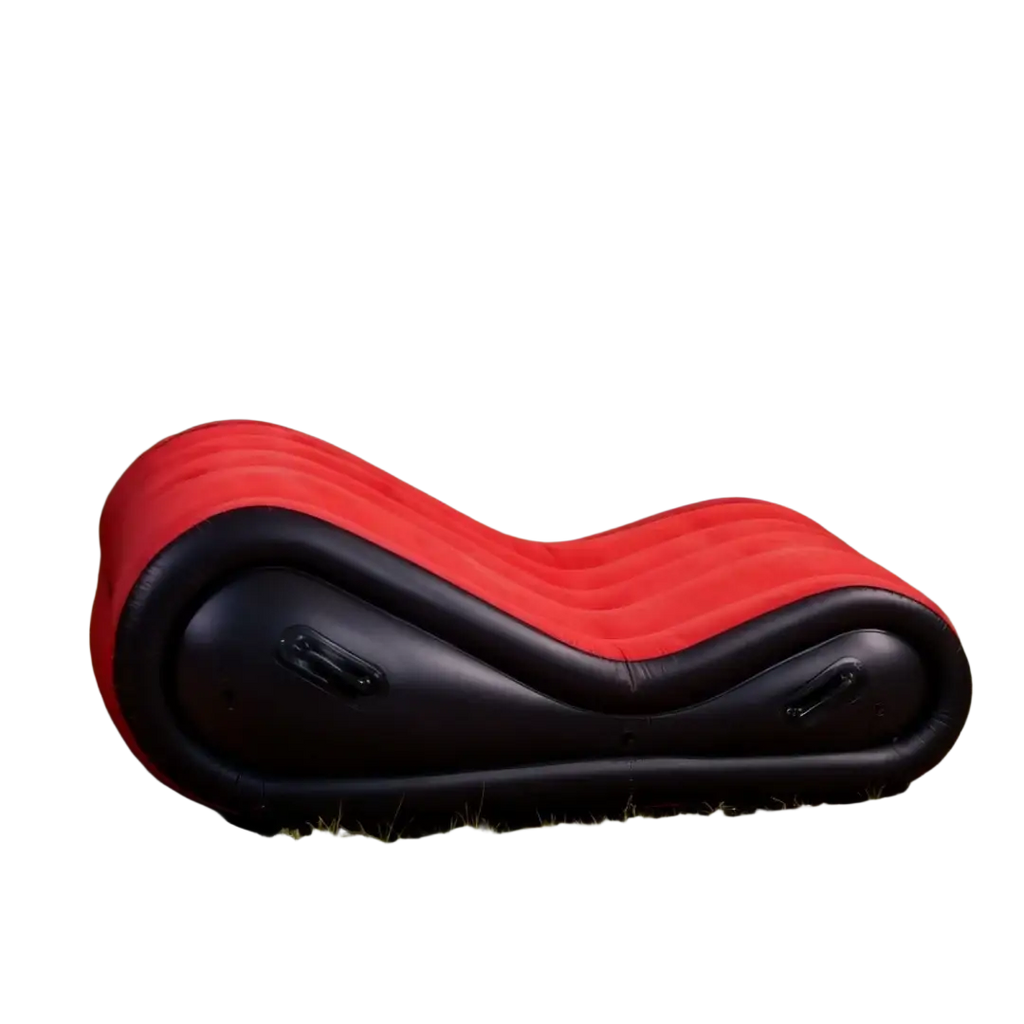 Red and black outdoor portable inflatable sofa bed with sleek curved design for comfortable lounging