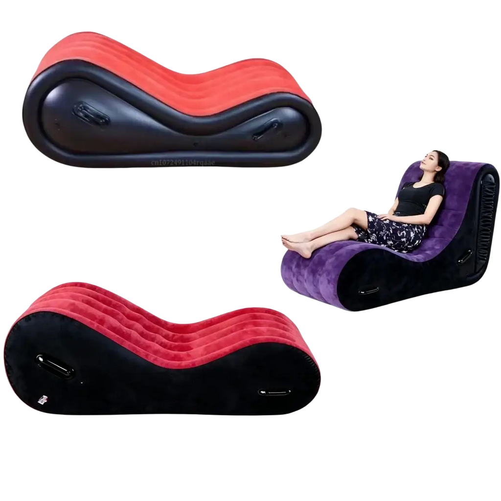 Red and black inflatable sofa bed with plush curved design for outdoor portable inflatable seating comfort