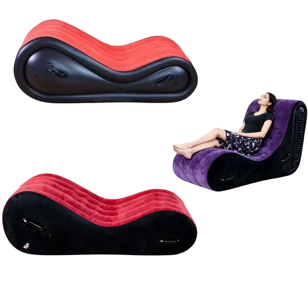 Red and black inflatable sofa bed with plush curved design for outdoor portable inflatable seating comfort