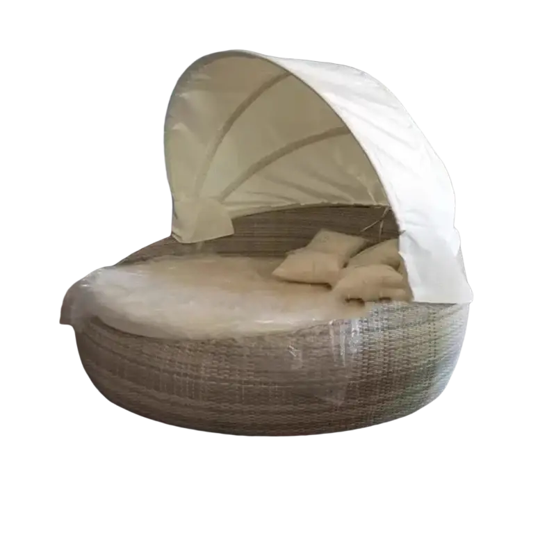 Beige woven wicker outdoor rattan round daybed with matching canopy and cushioned seating decorate root width 750px height