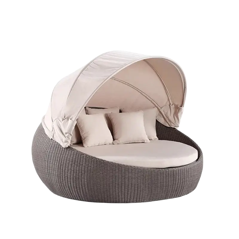 Beige woven wicker outdoor rattan round daybed with matching canopy and cushioned seating width 750px height