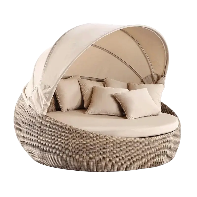 Beige woven wicker outdoor rattan round daybed with matching canopy and cushions width 750px height for decorate root