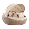 Beige woven wicker outdoor rattan round daybed with matching canopy and cushions width 750px height for decorate root