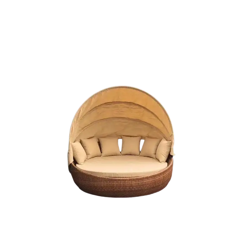 Beige woven wicker outdoor rattan round daybed with canopy and matching cushions decorate root width 750px height