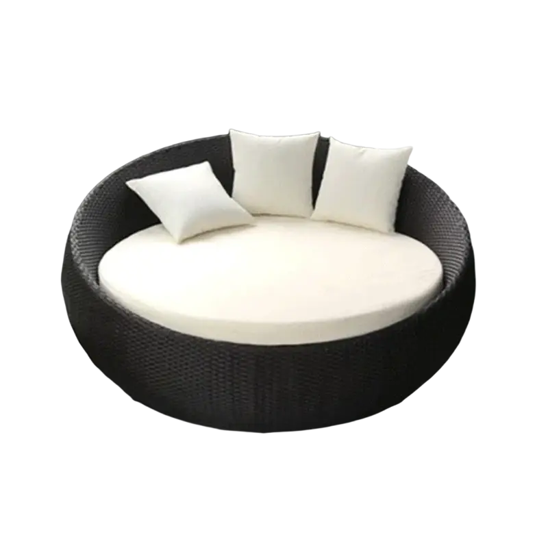Dark brown woven wicker outdoor rattan round daybed with cream cushion and three matching pillows width 750px height