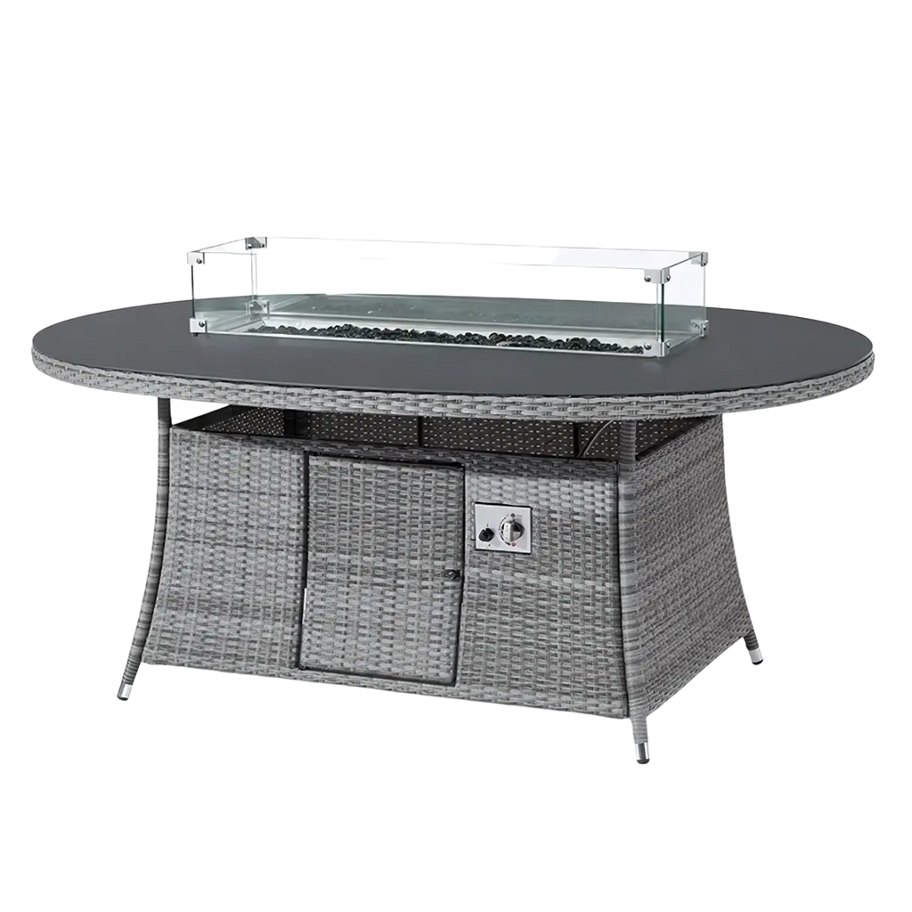Gray wicker outdoor rattan sectional sofa firepit table with black glass top and clear glass fire pit insert width 750px height