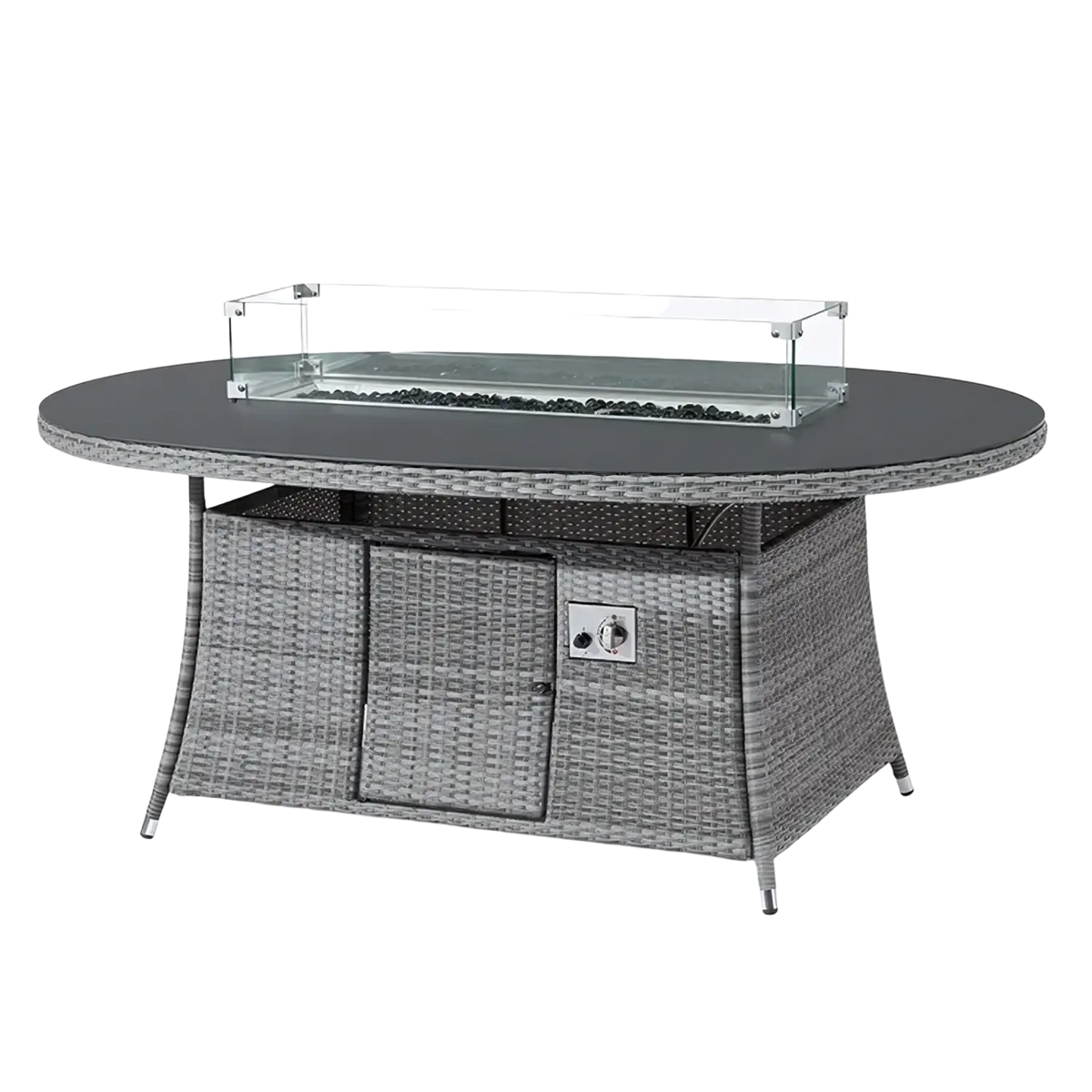 Gray wicker outdoor rattan sectional sofa firepit table with black glass top and clear glass fire pit insert width 750px height