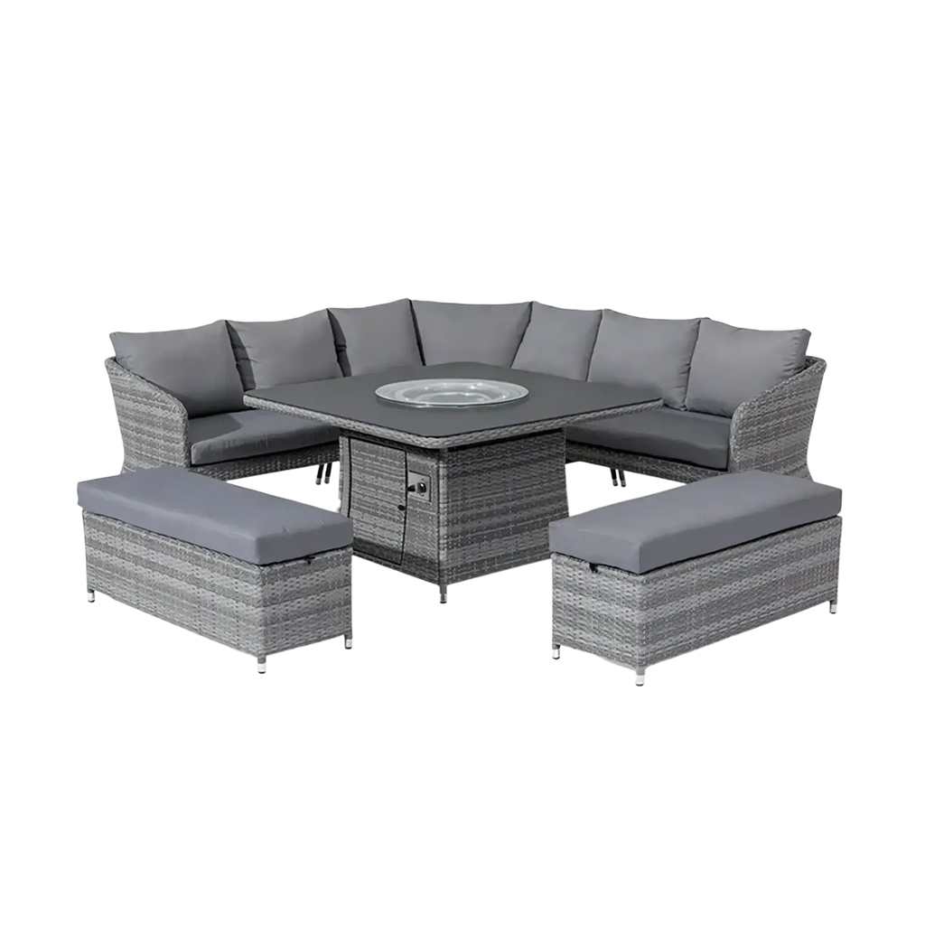 Gray wicker outdoor rattan sectional sofa with gray cushions and sun master firepit table width 750px height