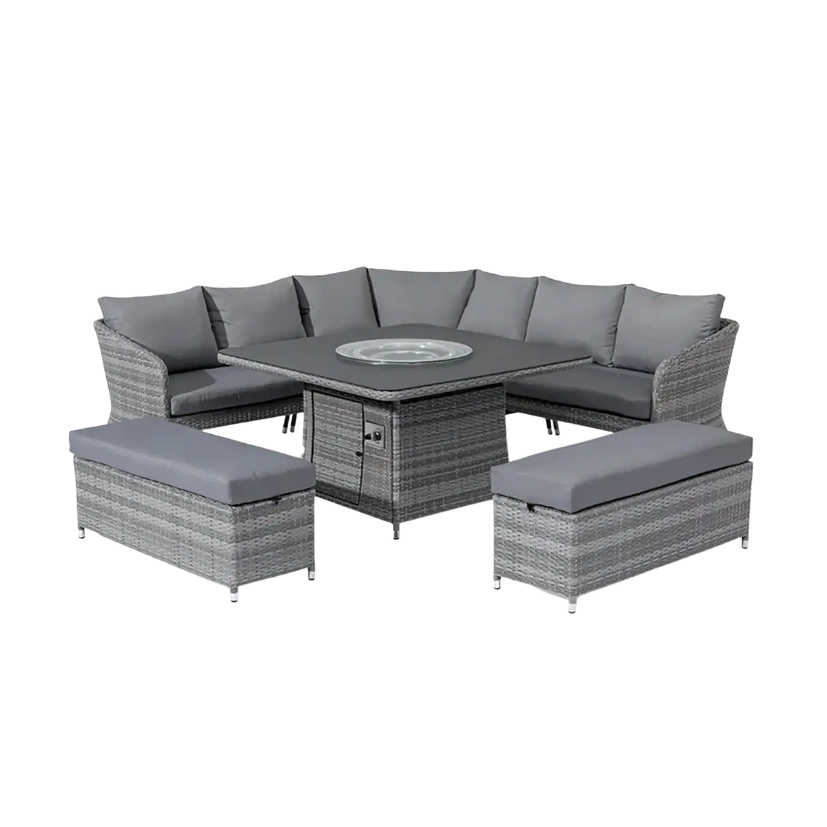 Gray wicker outdoor rattan sectional sofa with gray cushions and sun master firepit table width 750px height