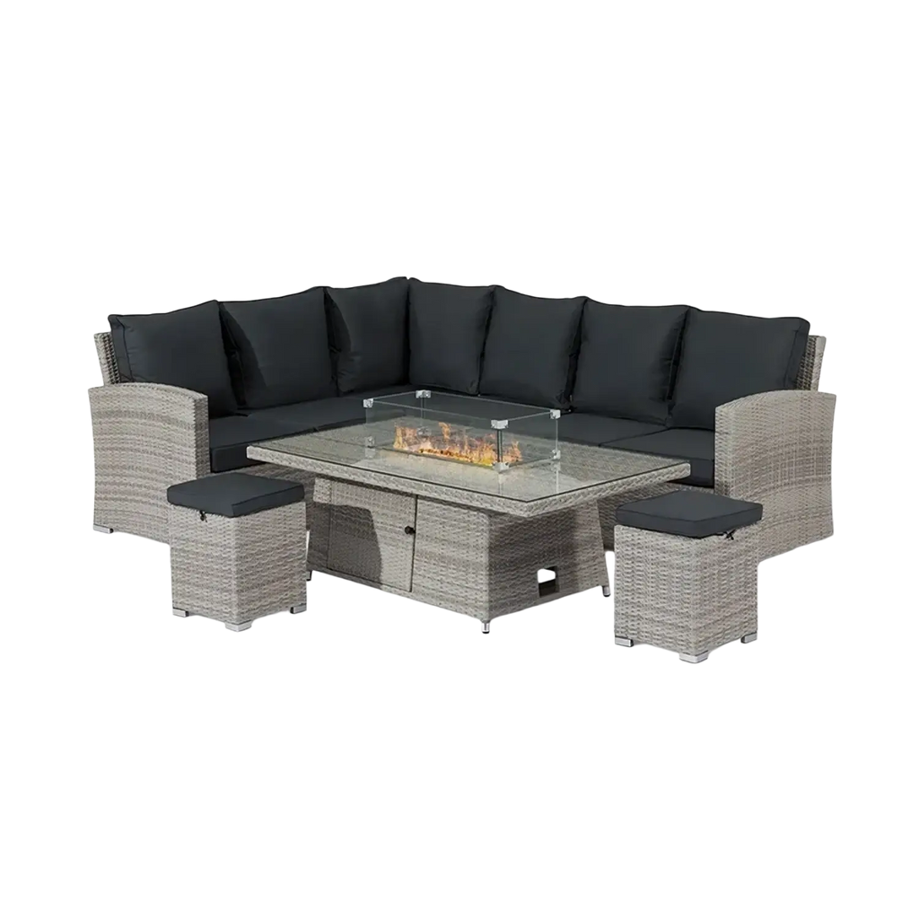 Gray wicker outdoor rattan sectional sofa with black cushions and central firepit table width 750px height 750px