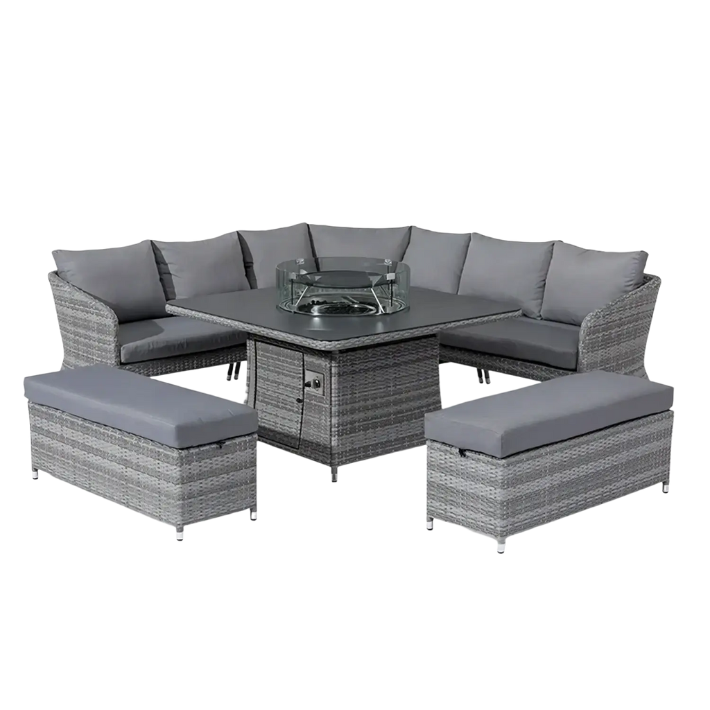 Gray woven wicker outdoor rattan sectional sofa with gray cushions and central firepit table width 750px height 750px