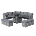 Gray woven wicker outdoor rattan sectional sofa with gray cushions and central firepit table width 750px height 750px