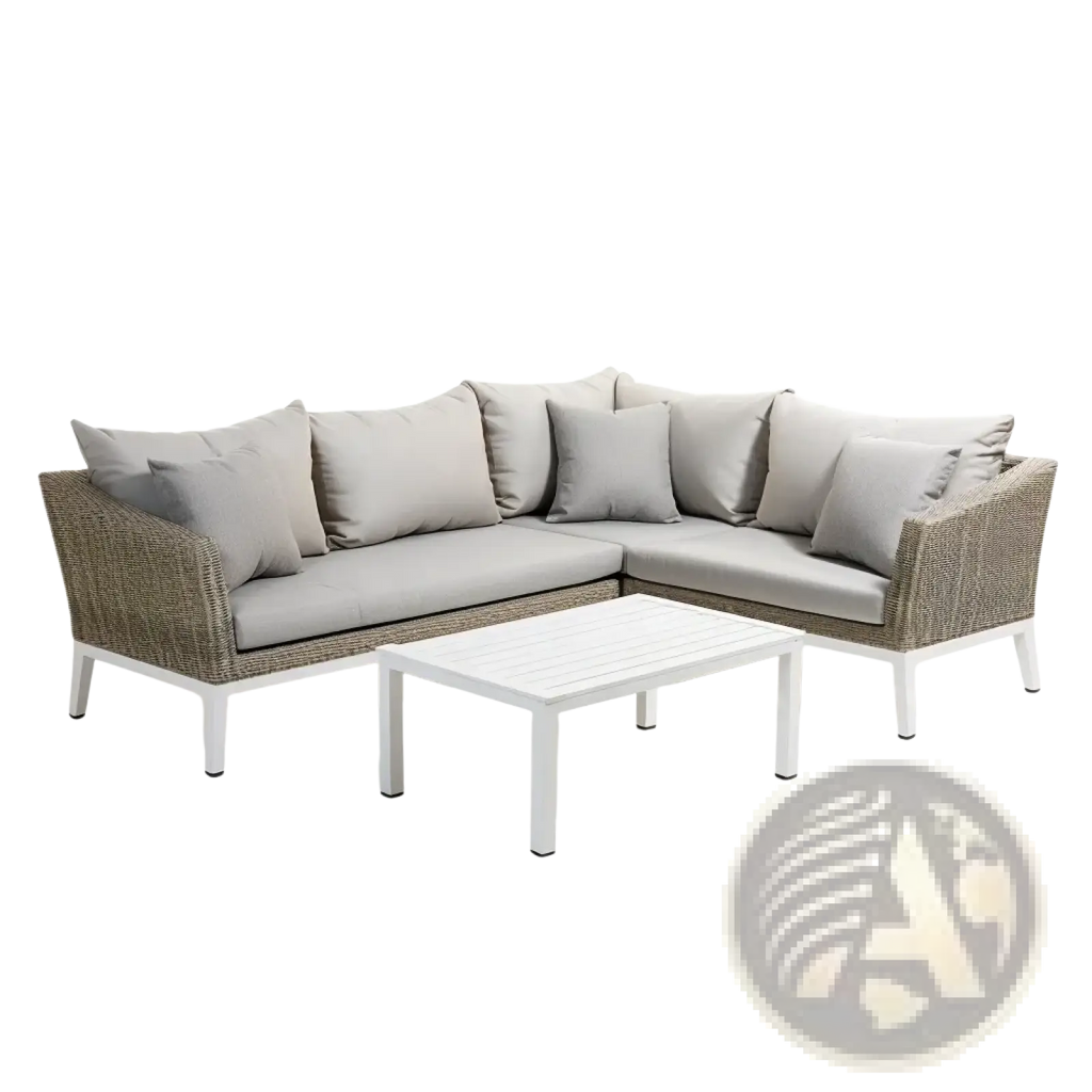 Beige woven wicker outdoor rattan sectional sofa set with matching cushions and white rectangular coffee table