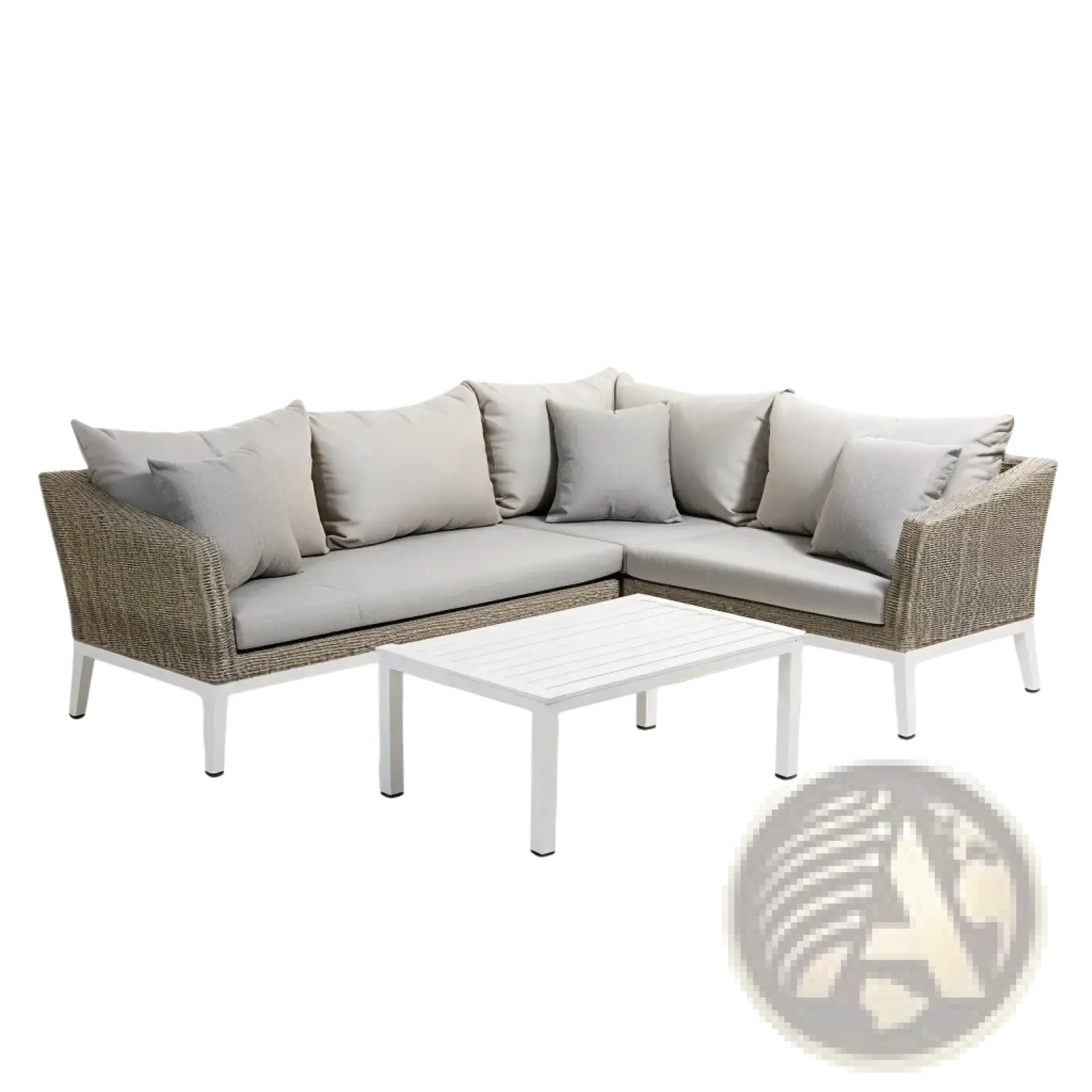 Beige woven wicker outdoor rattan sectional sofa set with matching cushions and white rectangular coffee table