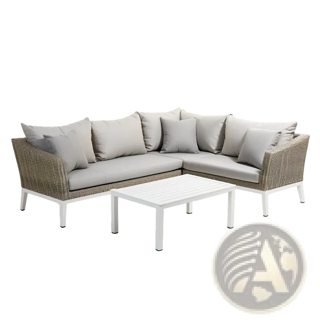 Beige woven wicker outdoor rattan sectional sofa set with matching cushions and white metal legs for garden furniture