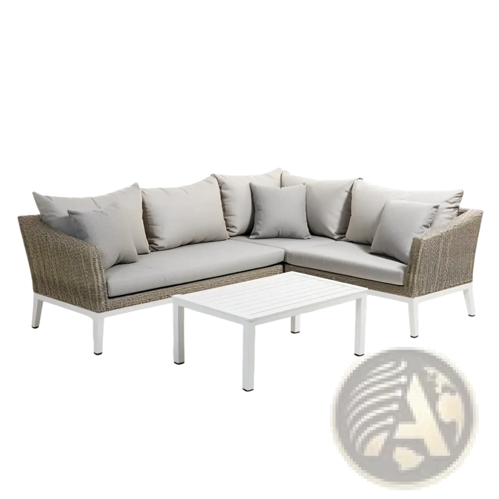 Beige woven wicker outdoor rattan sectional sofa set with matching cushions and white metal legs for garden furniture