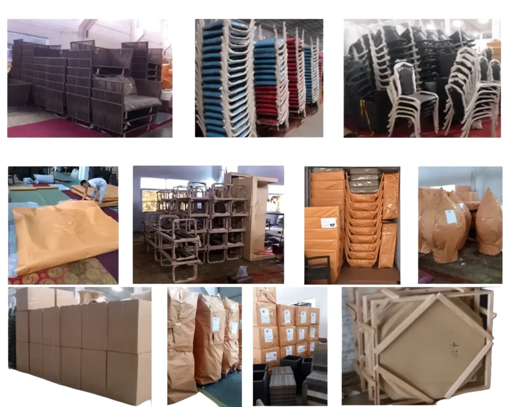 Stacking chairs in various colors with plastic and metal frames and upholstered seats for outdoor garden use