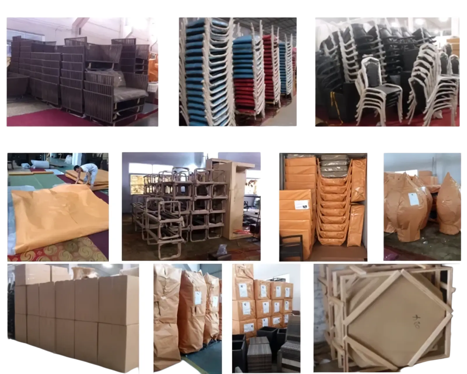 Stacking chairs in various colors with plastic and metal frames and upholstered seats for outdoor garden use