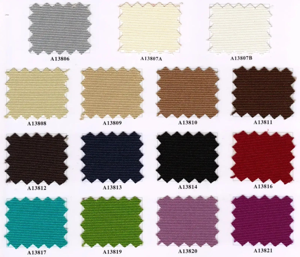 A collection of twelve labeled fabric swatches in various colors and textures for outdoor rattan sectional sofa set