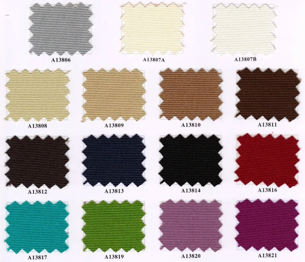 A collection of twelve labeled fabric swatches in various colors and textures for outdoor rattan sectional sofa set