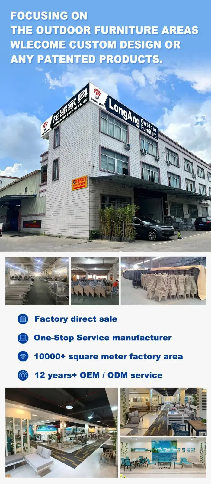 White brick building with black signage reading longang outdoor furniture in modern industrial style with large windows and awning