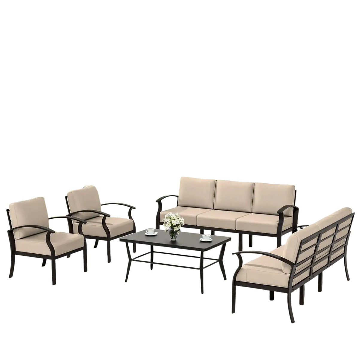 Beige cushioned outdoor sectional patio furniture set with black aluminum frame for durable outdoor use